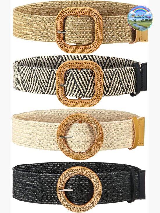 4 Pcs Elastic Raffia Woven Belt, Boho Rattan Buckle Stretch Straw Wide Waist
